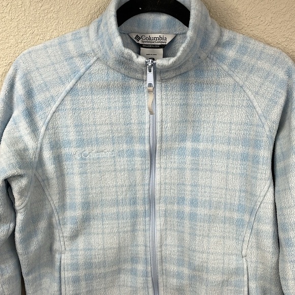 Columbia Fleece Full Zip Jacket Light Blue Plaid Zip Pockets Lounge Sz M - Picture 2 of 9